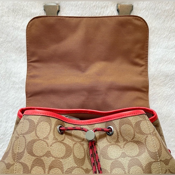 COACH TRACK COLORBLOCK SIGNATURE KHAKI CANVAS RED LEATHER LOGO STAMP BACKPACK - Picture 5 of 13